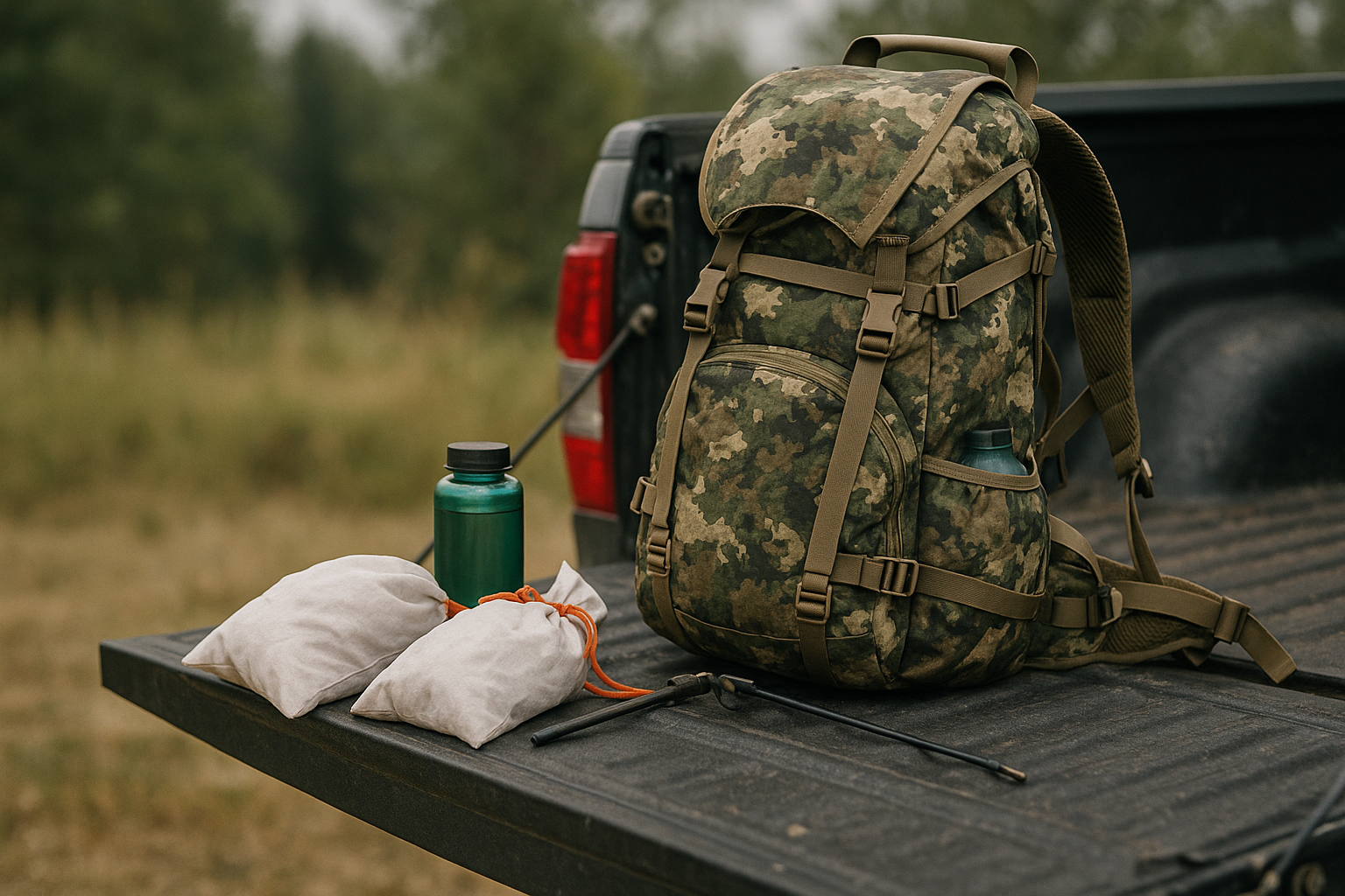 Camo daypack with frame and game bags staged on the tailgate.