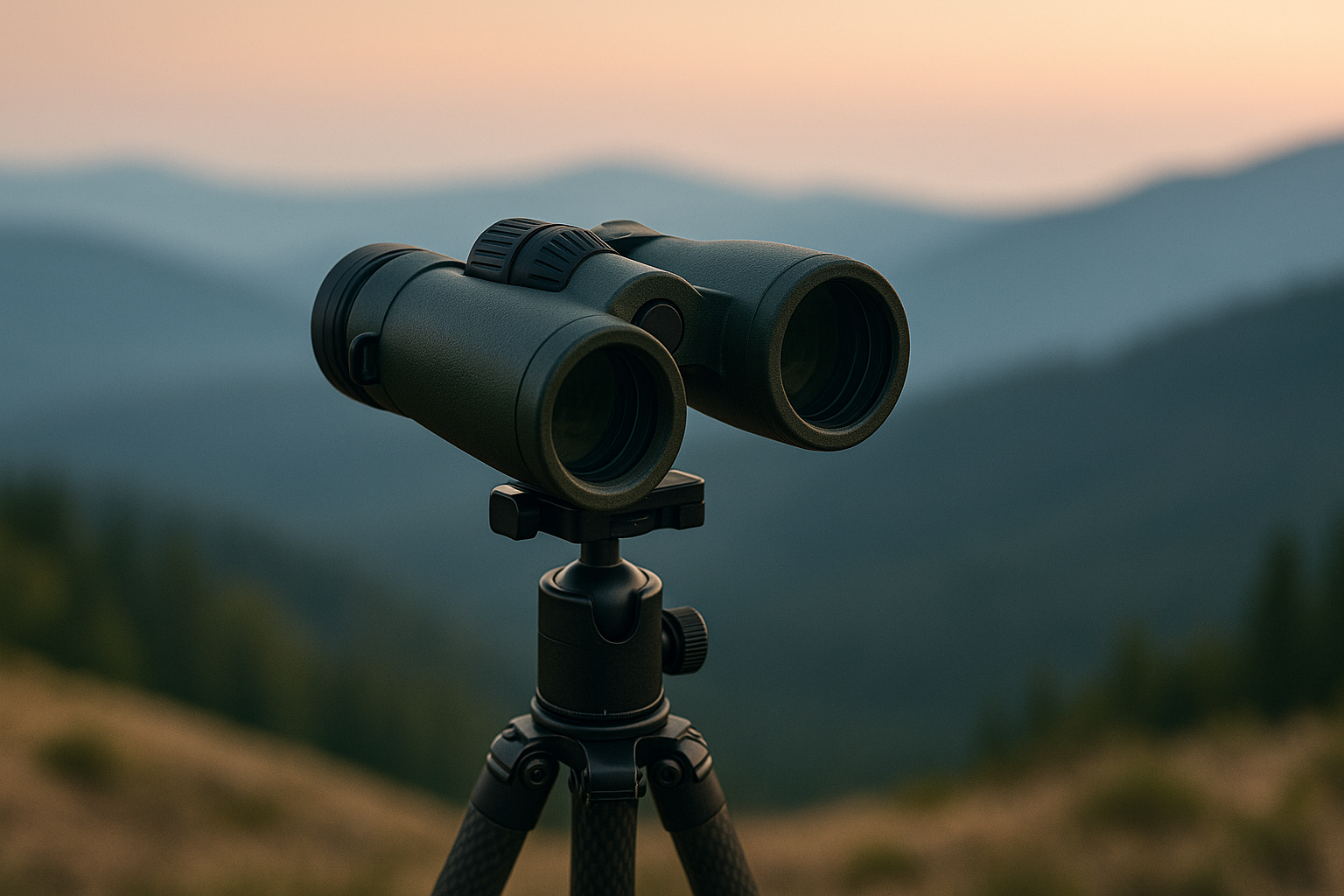Rangefinding binoculars on a tripod facing a ridgeline.